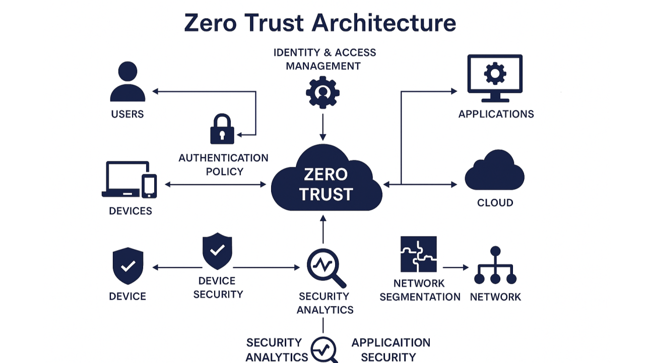 Zero Trust Architecture — identity and access management, authentication policy, device security, application security, cloud, network segmentation, and security analytics working together